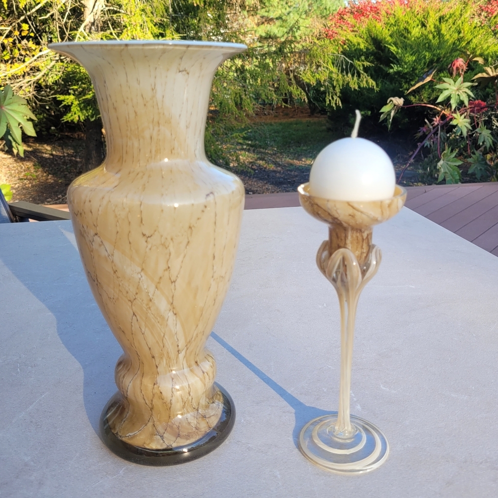 Krosno Unique Hand-Blown Marbled Pattern Vase and Candle Holder Set